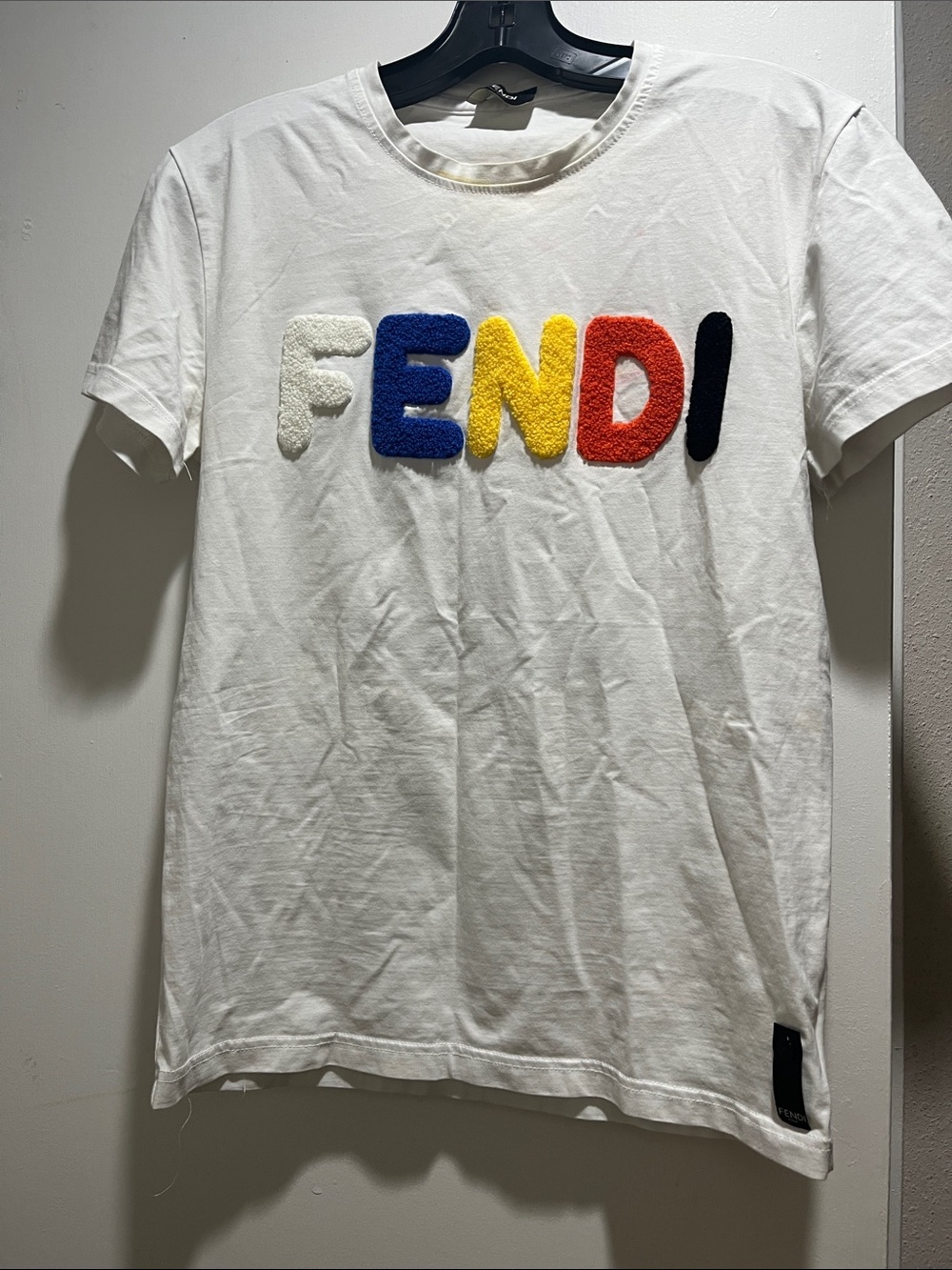 Fendi White Tee with Multicolor Terry-Loop Logo